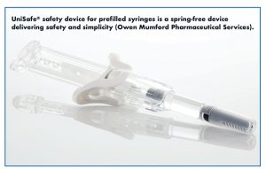 UniSafe® safety device for prefilled syringes is a spring-free device delivering safety and simplicity (Owen Mumford Pharmaceutical Services).