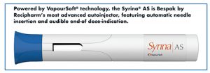 Powered by VapourSoft® technology, the Syrina® AS is Bespak by Recipharm’s most advanced autoinjector, featuring automatic needle insertion and audible end-of dose-indication.