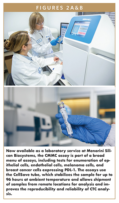Now available as a laboratory service at Menarini Silicon Biosystems, the CMMC assay is part of a broad menu of assays, including tests for enumeration of epithelial cells, endothelial cells, melanoma cells, and breast cancer cells expressing PDL-1. The assays use the CellSave tube, which stabilizes the sample for up to 96 hours at ambient temperature and allows shipment of samples from remote locations for analysis and improves the reproducibility and reliability of CTC analysis.