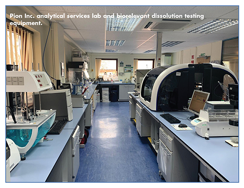 Pion Inc. analytical services lab and biorelevant dissolution testing equipment.