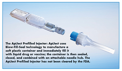 The ApiJect Prefilled Injector: ApiJect uses Blow-Fill-Seal technology to manufacture a soft plastic container and immediately fill it with liquid drug or vaccine; the container is then sealed, closed, and combined with an attachable needle hub. The ApiJect Prefilled Injector has not been cleared by the FDA.