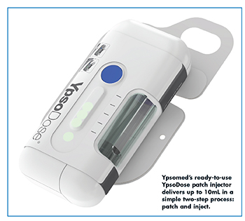 Ypsomed’s ready-to-use YpsoDose patch injector delivers up to 10mL in a simple two-step process: patch and inject.