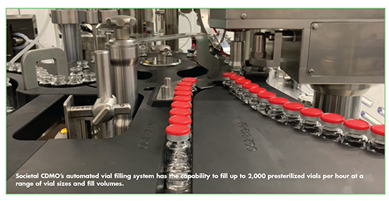 Societal CDMO’s automated vial filling system has the capability to fill up to 2,000 presterilized vials per hour at a range of vial sizes and fill volumes.