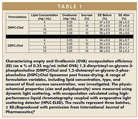 Characterising empty and Ovalbumin (OVA) encapsulation efficiency (EE) (as a % of 0.25 mg/mL initial OVA) 1,2-dimyristoyl-sn-glycero-3-phosphocholine (DMPC):Chol and 1,2-distearoyl-sn-glycero-3-phosphocholine (DSPC):Chol liposomes post freeze-drying. A range of formulation variables, including lipid concentration, type, and amount of final sucrose concentration, was investigated. The physicochemical properties (size and polydispersity) were measured using dynamic light scattering, with encapsulation calculated using high-performance liquid chromatography coupled with evaporative light scattering detector (HPLC-ELSD). The results represent three batches, ± SD.(Reproduced with permission from International Journal of Pharmaceutics)9
