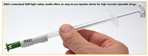 DALI’s customized SAN®Light safety needle offers an easy-to-use injection device for high viscosity injectable drugs.