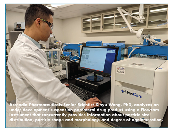 Ascendia Pharmaceuticals Senior Scientist Xinyu Wang, PhD, analyzes an under-development suspension parenteral drug product using a Flowcam Instrument that concurrently provides information about particle size distribution, particle shape and morphology, and degree of agglomeration.