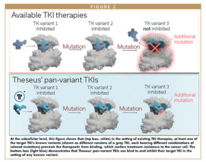 At the subcellular level, this figure shows that (top box, white) in the setting of existing TKI therapies, at least one of the target TKI's known variants (shown as different versions of a gray TKI, each bearing different combinations of colored mutations) prevents the therapeutic from binding, which confers treatment resistance to the cancer cell. The bottom box (light blue) demonstrates that Theseus' pan-variant TKIs can bind to and inhibit their target TKI in the setting of any known variant.