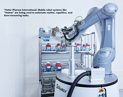 ©Vetter Pharma International: Mobile robot systems like “Helmo” are being used to automate routine, repetitive, and time-consuming tasks.
