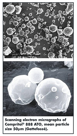 Scanning electron micrographs of Compritol® 888 ATO, mean particle size 50μm (Gattefossé).