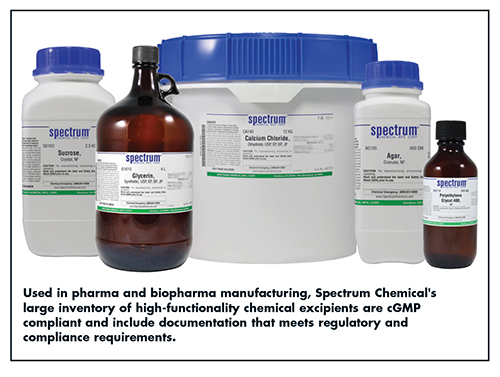 Used in pharma and biopharma manufacturing, Spectrum Chemical's large inventory of high-functionality chemical excipients are cGMP compliant and include documentation that meets regulatory and compliance requirements.
