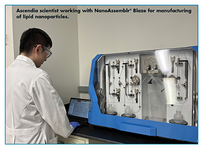 Ascendia scientist working with NanoAssemblr® Blaze for manufacturing of lipid nanoparticles.