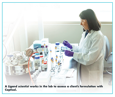 A Ligand scientist works in the lab to assess a client’s formulation with Captisol.