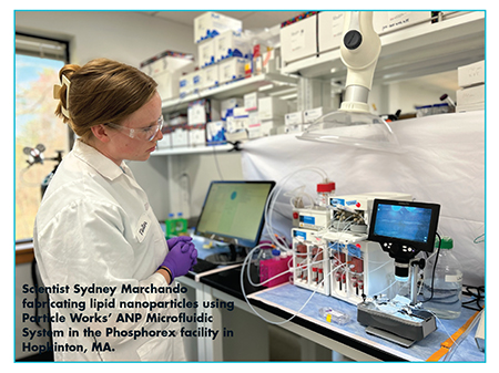 Scientist Sydney Marchando fabricating lipid nanoparticles using Particle Works’ ANP Microfluidic System in the Phosphorex facility in Hopkinton, MA.