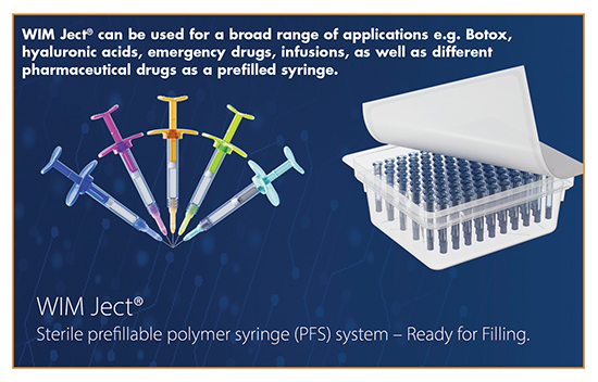WIM Ject® can be used for a broad range of applications e.g. Botox, hyaluronic acids, emergency drugs, infusions, as well as different pharmaceutical drugs as a prefilled syringe.